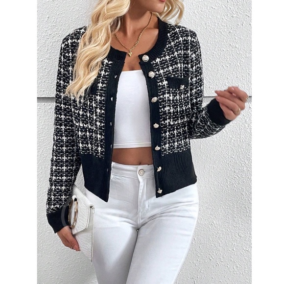 Black Plaid Button Up Cardigan Knit Long Sleeve Chest Pockets - Picture 3 of 12